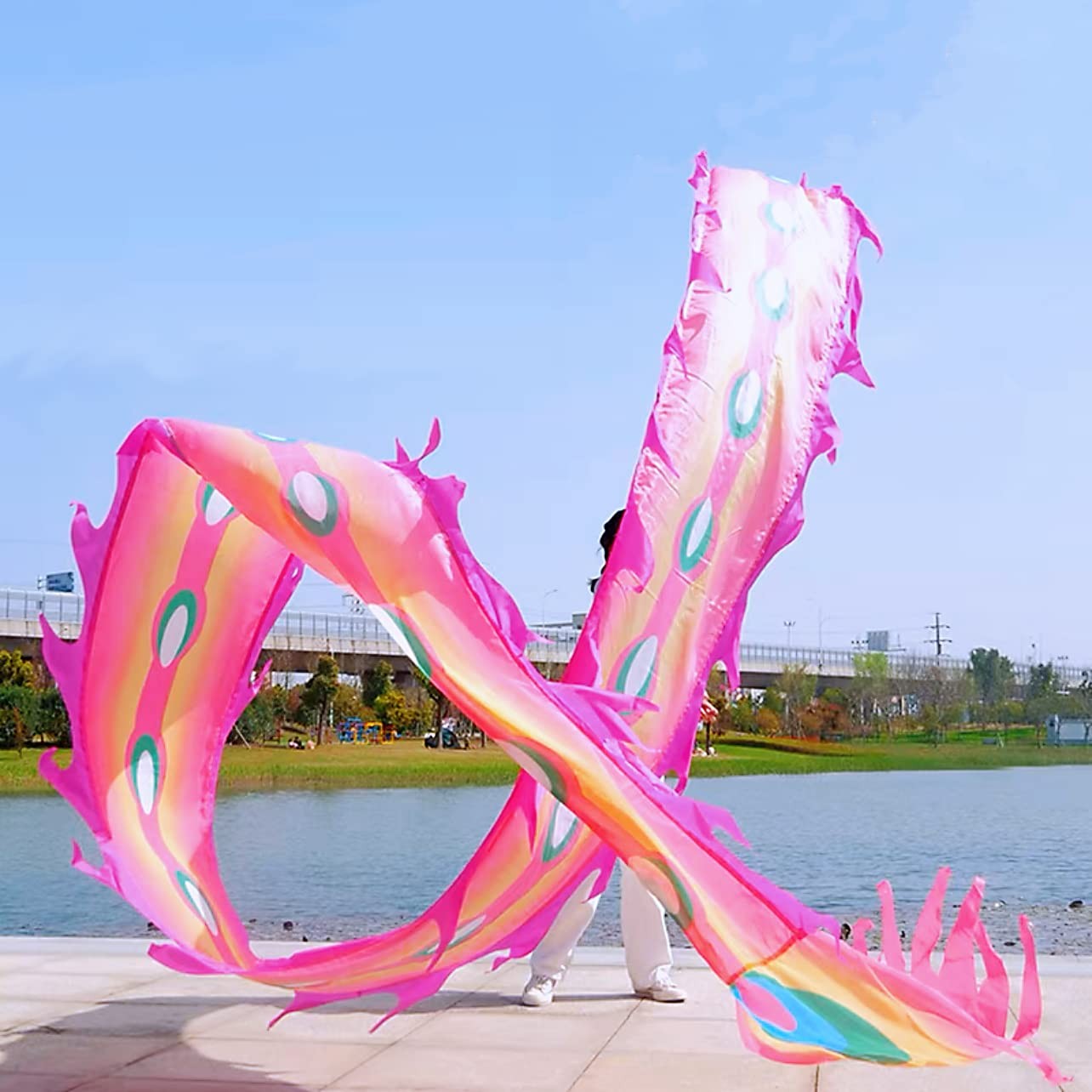 Pink Phoenix Dragon Ribbon Streamer with Adjustable Rod Fitness Poi Travel Bag
