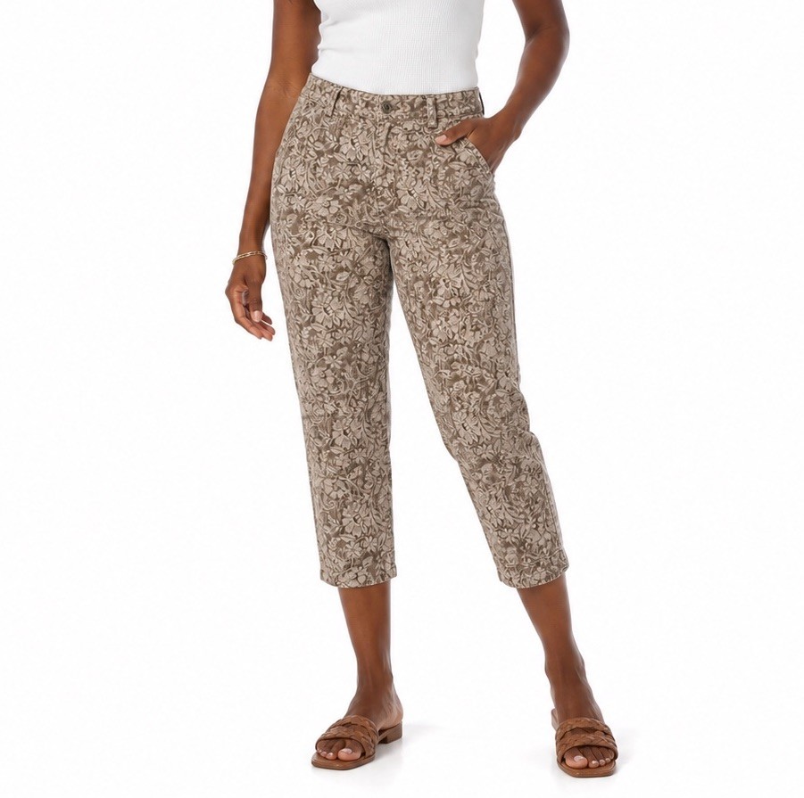 CHRISTOPHER & BANKS Floral Print Stretch Crop Pants Womens 8 Beige