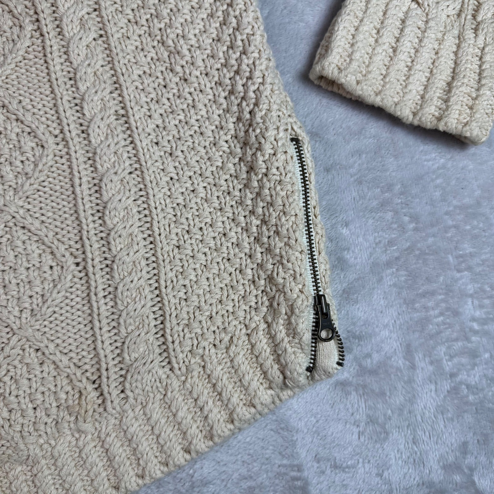 LL Bean Signature Women’s M Cream 100% Cotton Cable Knit Side Zip Sweater S