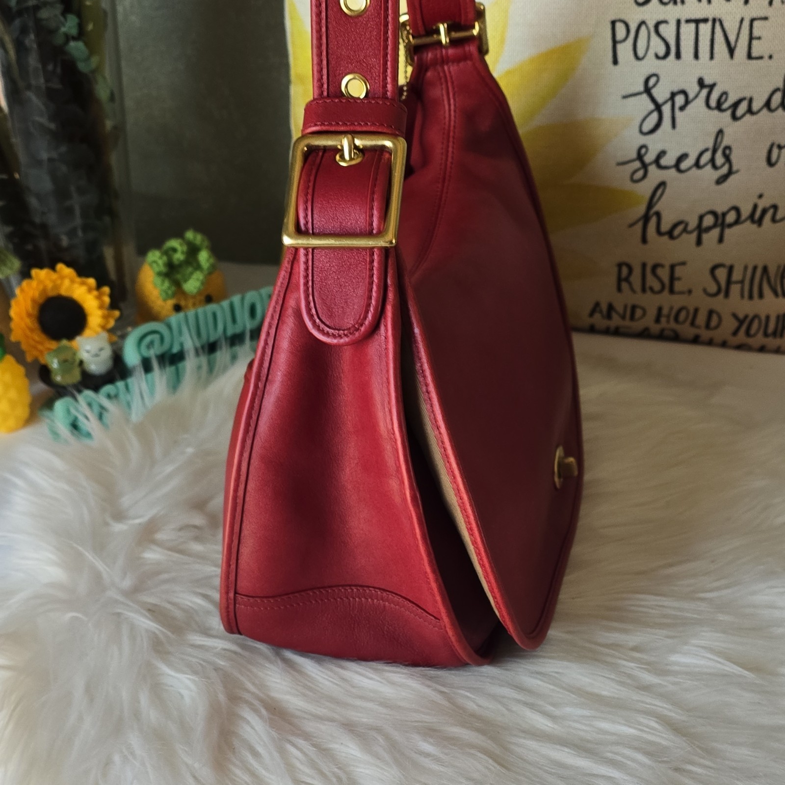 Coach Red Small Crescent Shoulder Bag Turn Lock Gold Hardware Hang Tag