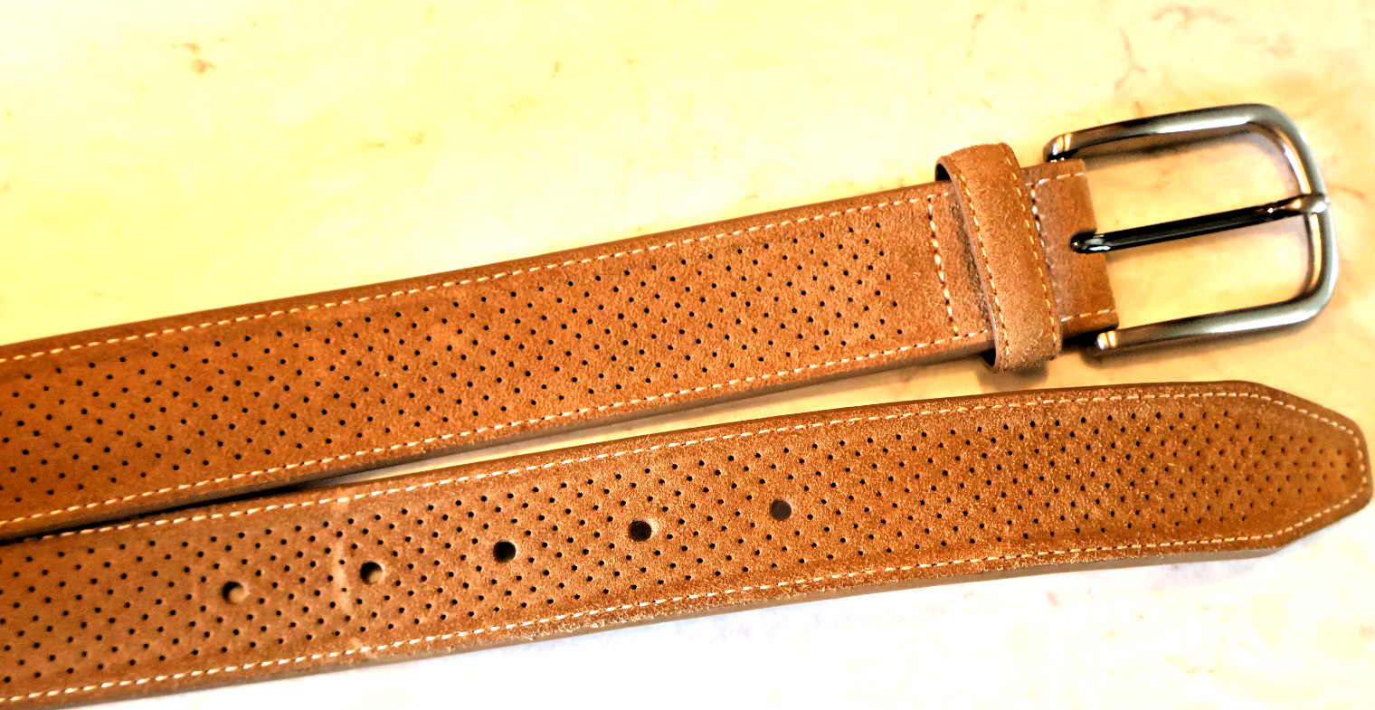 Leather Suede Tan JOHNSTON MURPHY Perforated 1 7/16″ Wide SZ 38 NEW FLAW 813