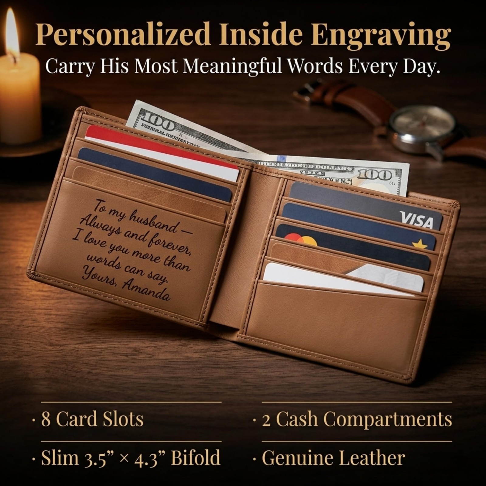 Personalized Wallet for Men Engraved with Photo – 3.5 x 4.3 inches, Brown