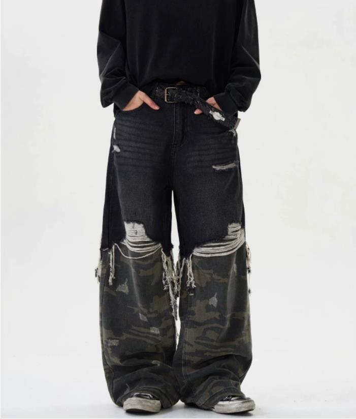 Men Black Camouflage Mixed Denim Jeans Straight Leg Casual Punk Hip Hop Trousers