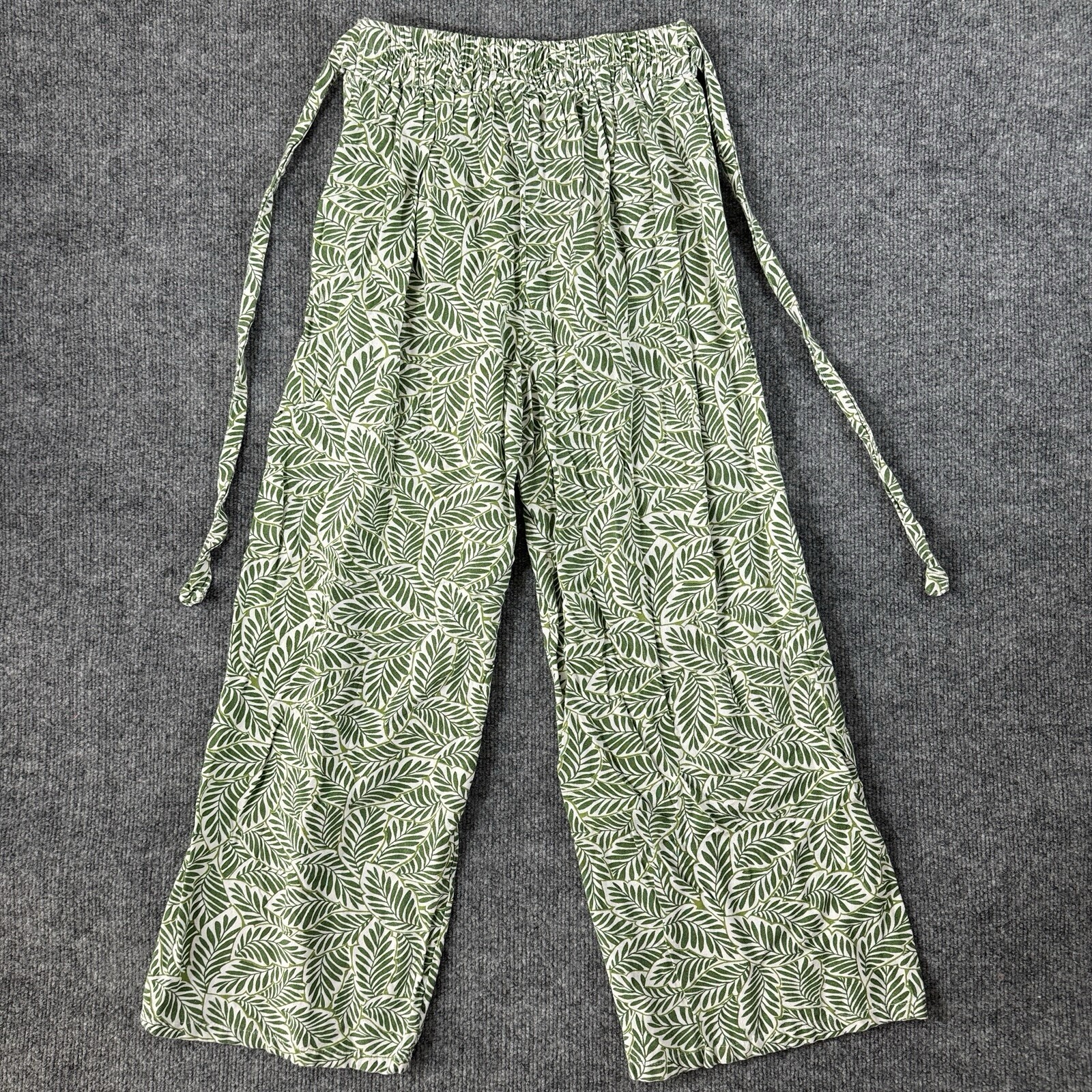Midnight Sky Linen Pants Small Green Wide Leg Tropical Ankle High Rise Floral