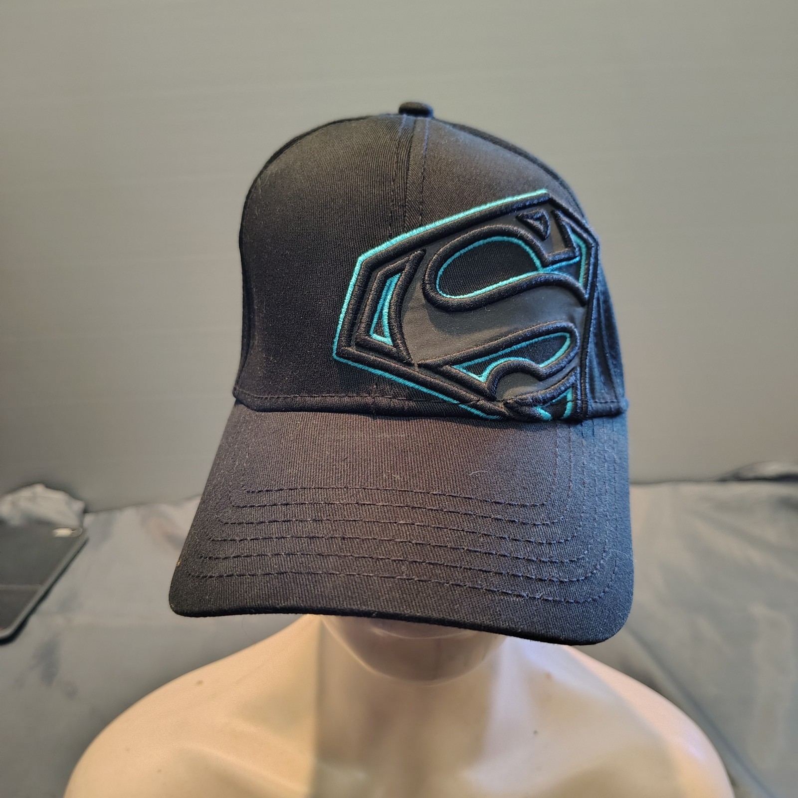 Superman S Logo Patch Ball Cap DC Comics Black Hat Black Neon Blue Symbol OSFM