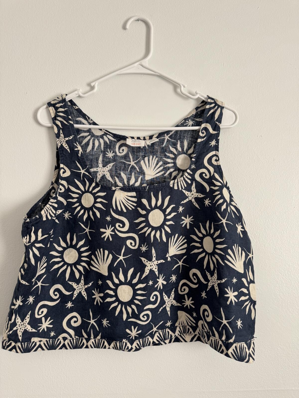 C&C California 100% Linen Coastal Sun & Seashell Print Tank Top Size L