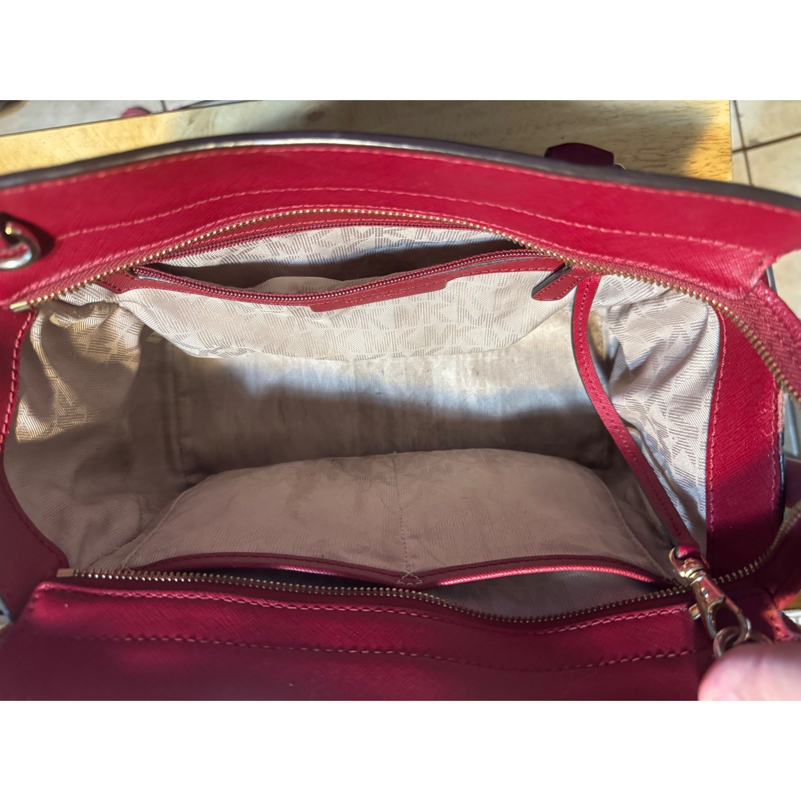 Michael Kors Savannah Saffiano Leather Satchel Burgundy Handbag Red Silver Tone