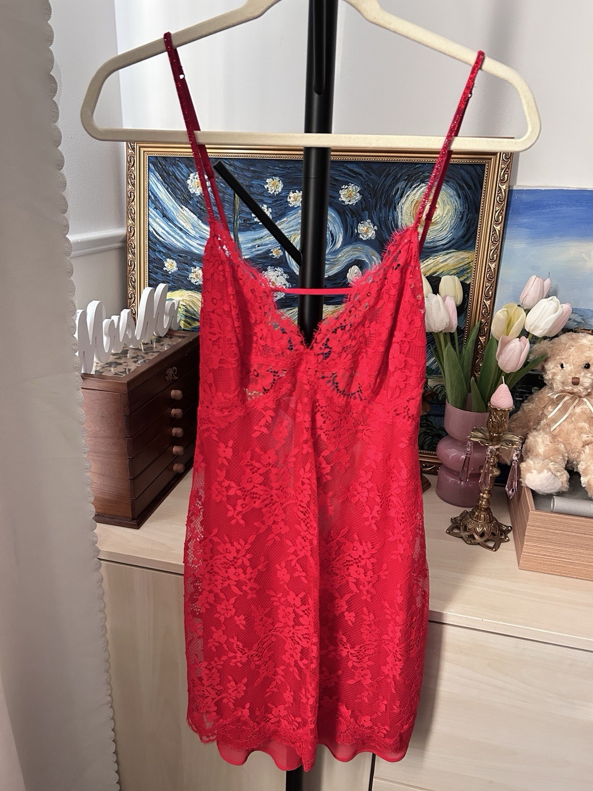 Women’s Red Floral Lace Full Slip Lingerie Slip with Adjustable Strap Accent