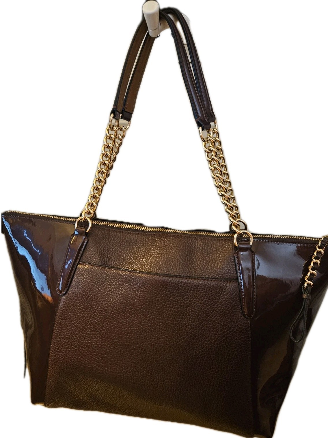 Coach Ava Burgundy Leather & Patent Leather Tote Gold Chain Velvet Interior New