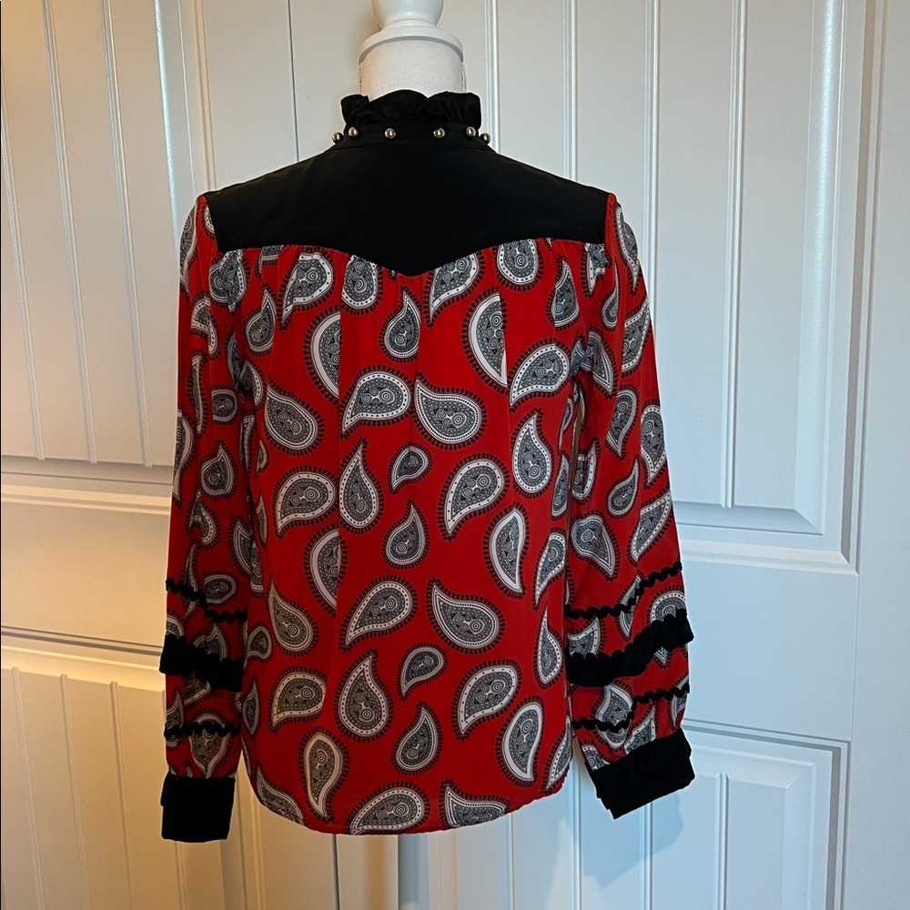 Dodo Bar Or Red Black Paisley Silk Blouse 40 6/8 designer studded ruffle top