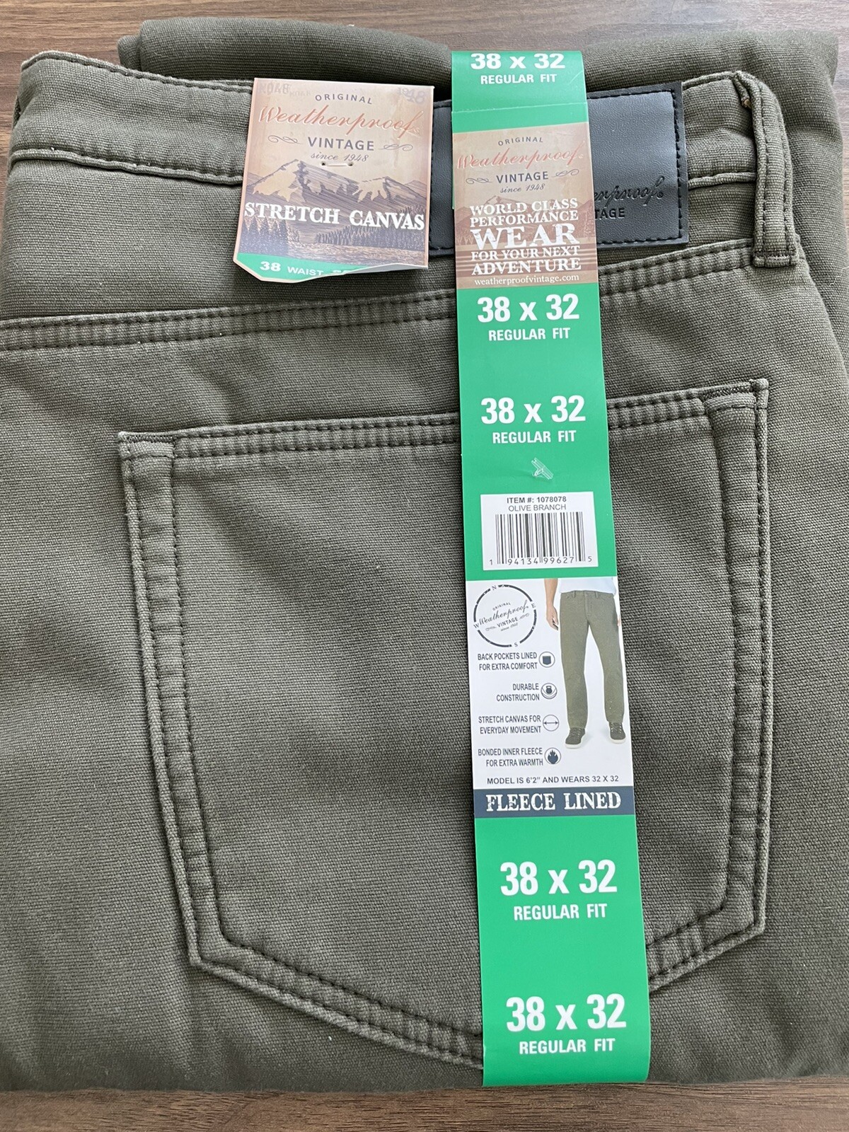 New Weatherproof Vintage Fleece Lined Stretch Canvas Style Olive Green W38L32