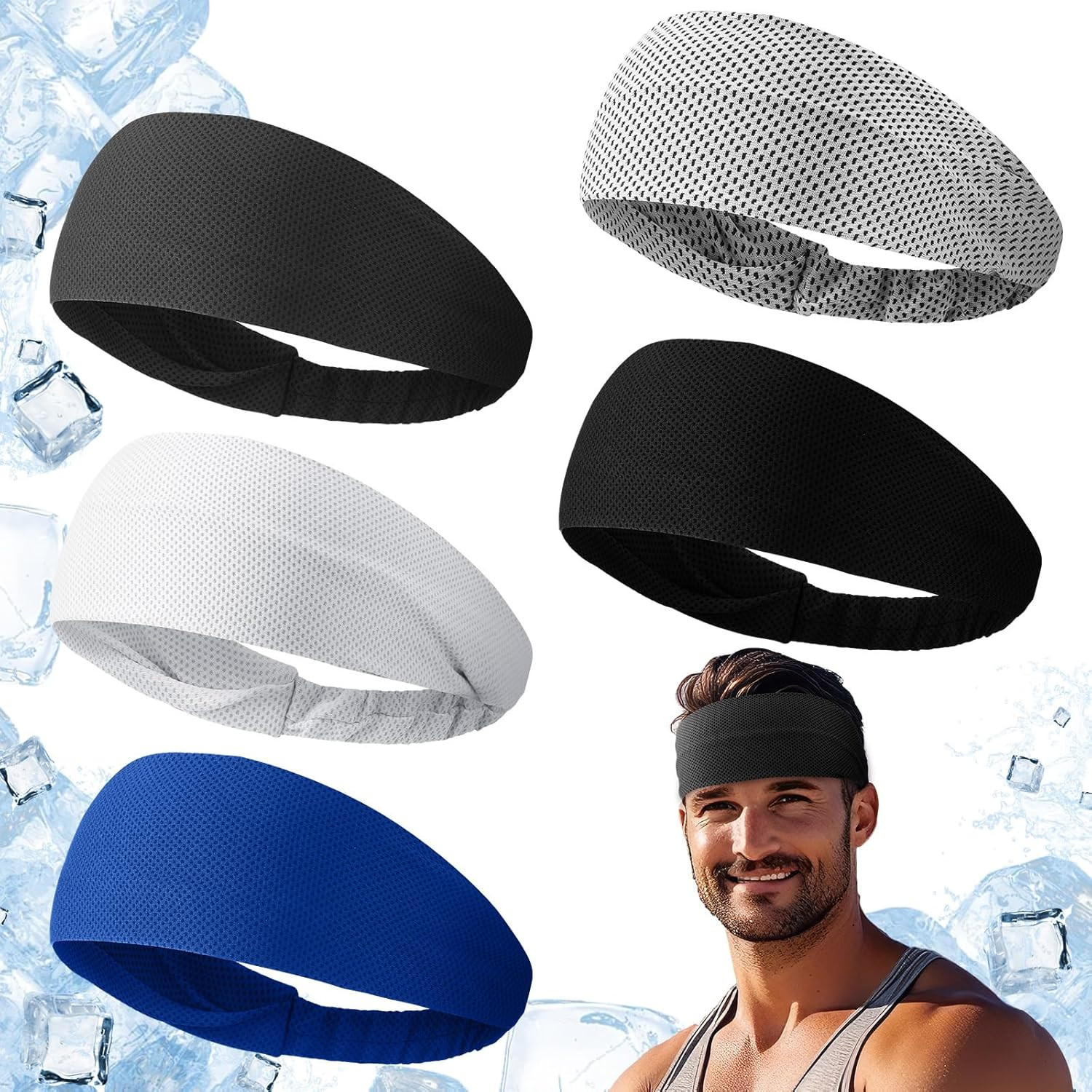 5Pcs Summer Cooling Headbands for Men Stretchy Workout Sports Sweatbands Absorb