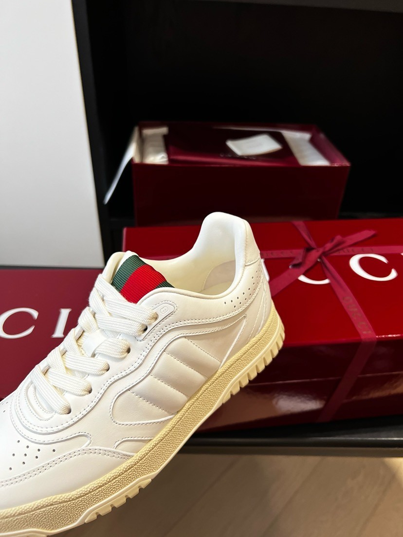 Gucci Men US11.5 White Leather Low Top Sneakers Web Stripe Vintage Thick Sole