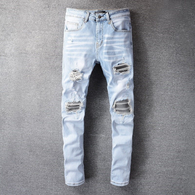 Men’s Knee Ripped Pleated Skinny fit Patch Stretch Distressed Denim Blue Jeans