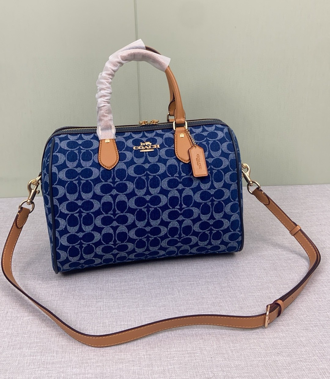 NWT CY699 Rowan Large Satchel Bag Signature Canvas Blue Brown