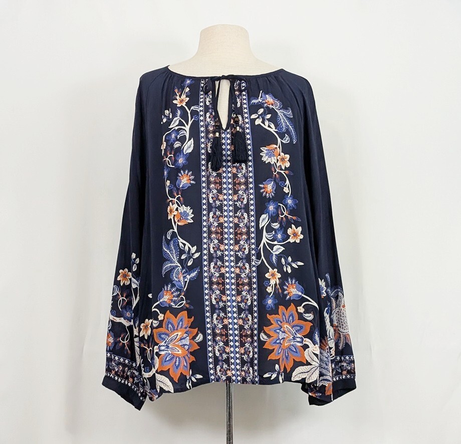 Chico’s Tunic Top Navy Blue Floral Print Rising Blooms Women’s Size 3.5 18 New