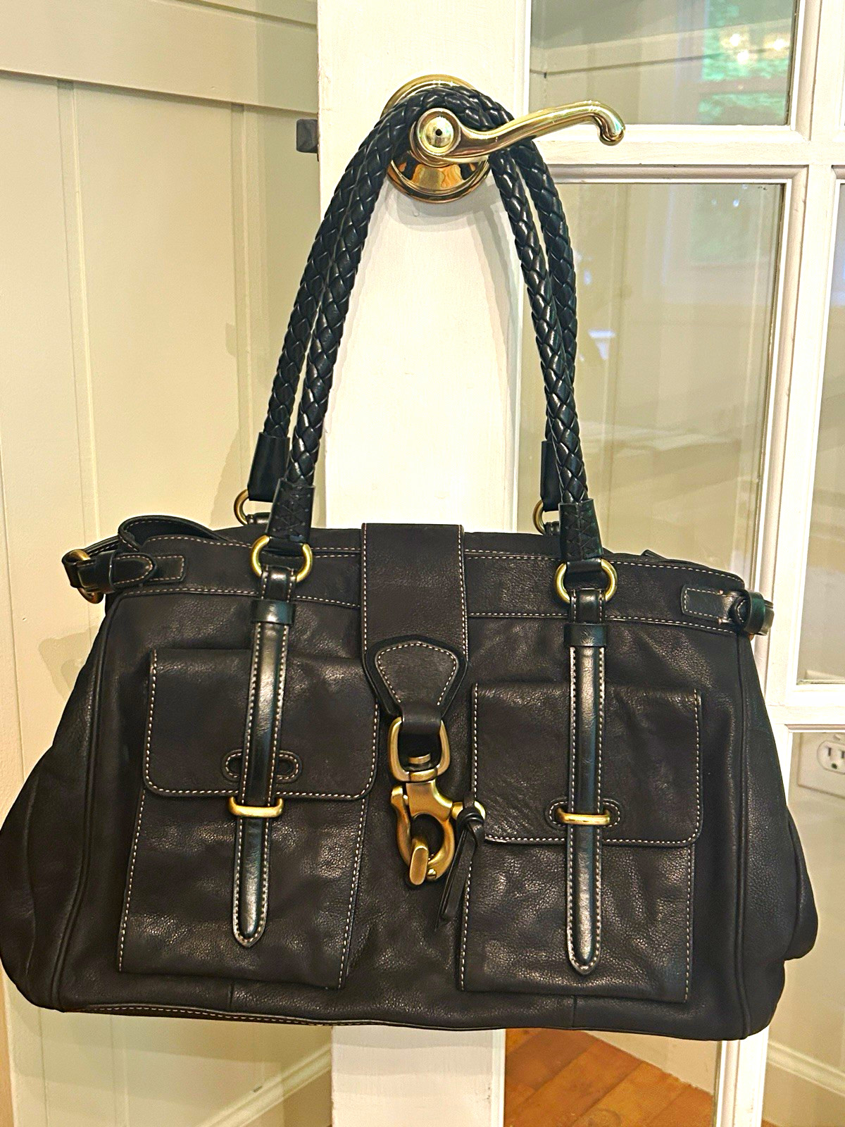Francesco Biasia Black Leather Shoulder Bag Buckle Accent Zip Top Brass Hardware