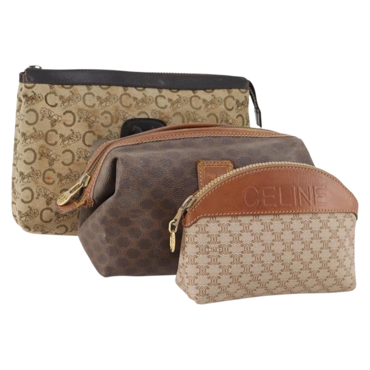 CELINE Macadam Canvas C Macadam Canvas Pouch PVC 3 Set Beige Brown Auth fm5234