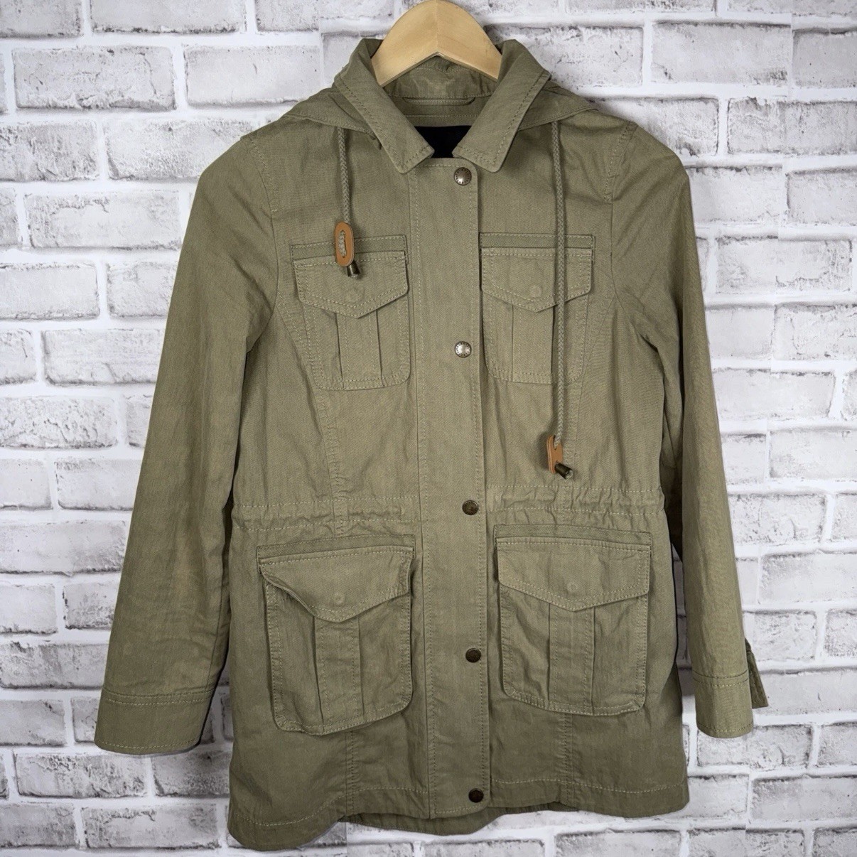 Talbots Military Field Utility Jacket Size P Petite Green Olive Drawcord Waist