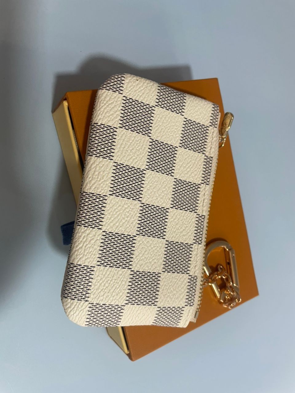 LOUIS VUITTON Azure Damier Ebene Coin Purse Key Pochette Cles with Box