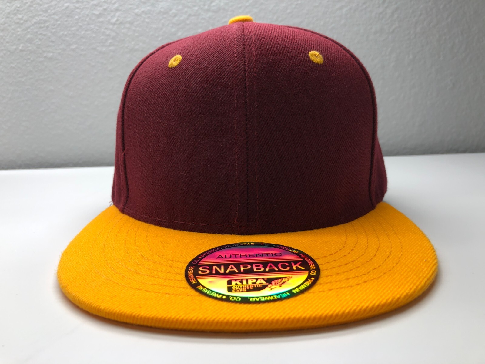 KIPA Premium Headwear Burgundy Plain Yellow Mens OSFM Snapback Flat Brim