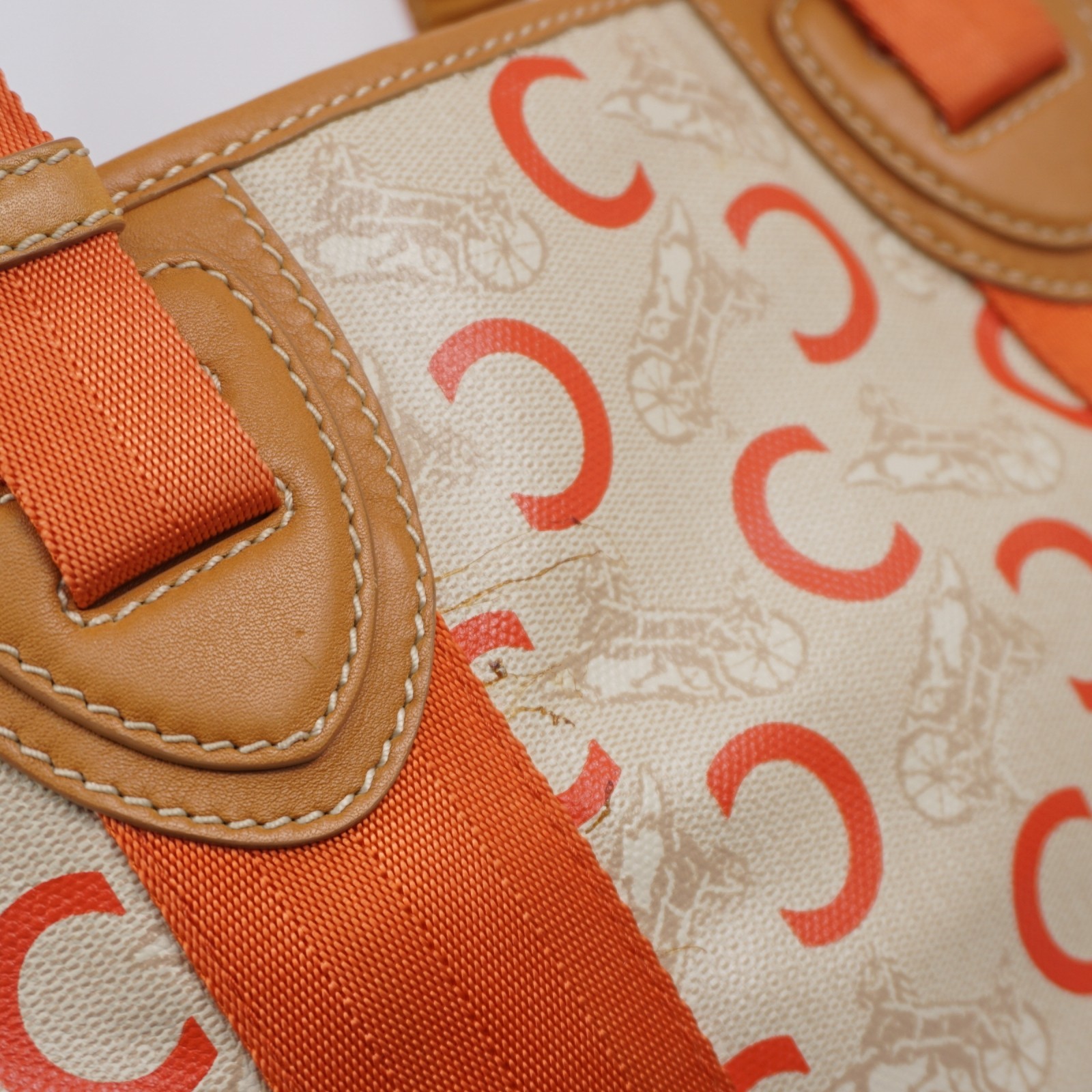 CELINE C Sulky Carriage Horse Tote Bag Coated Canvas Leather Orange Auth