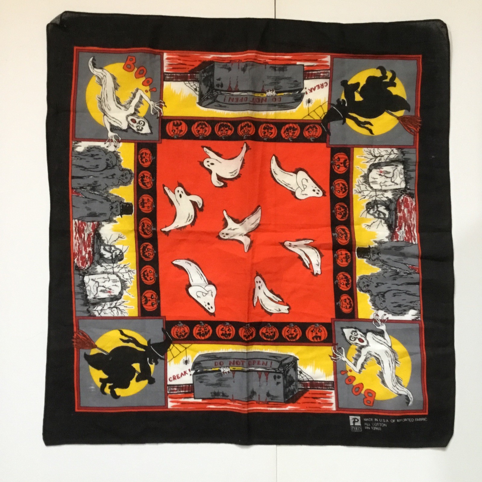 VTG All Cotton Halloween Scarf/Bandana/Handkerchief 21”x 22” USA by P/Paris