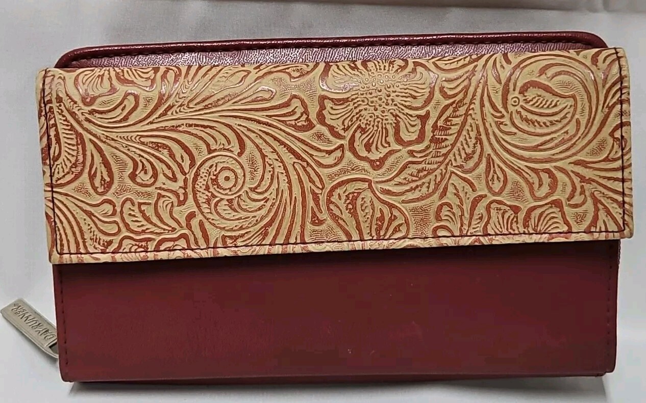 Day Runner Organizer Checkbook Wallet Burgundy Faux Tooled Leather Clutch GUC