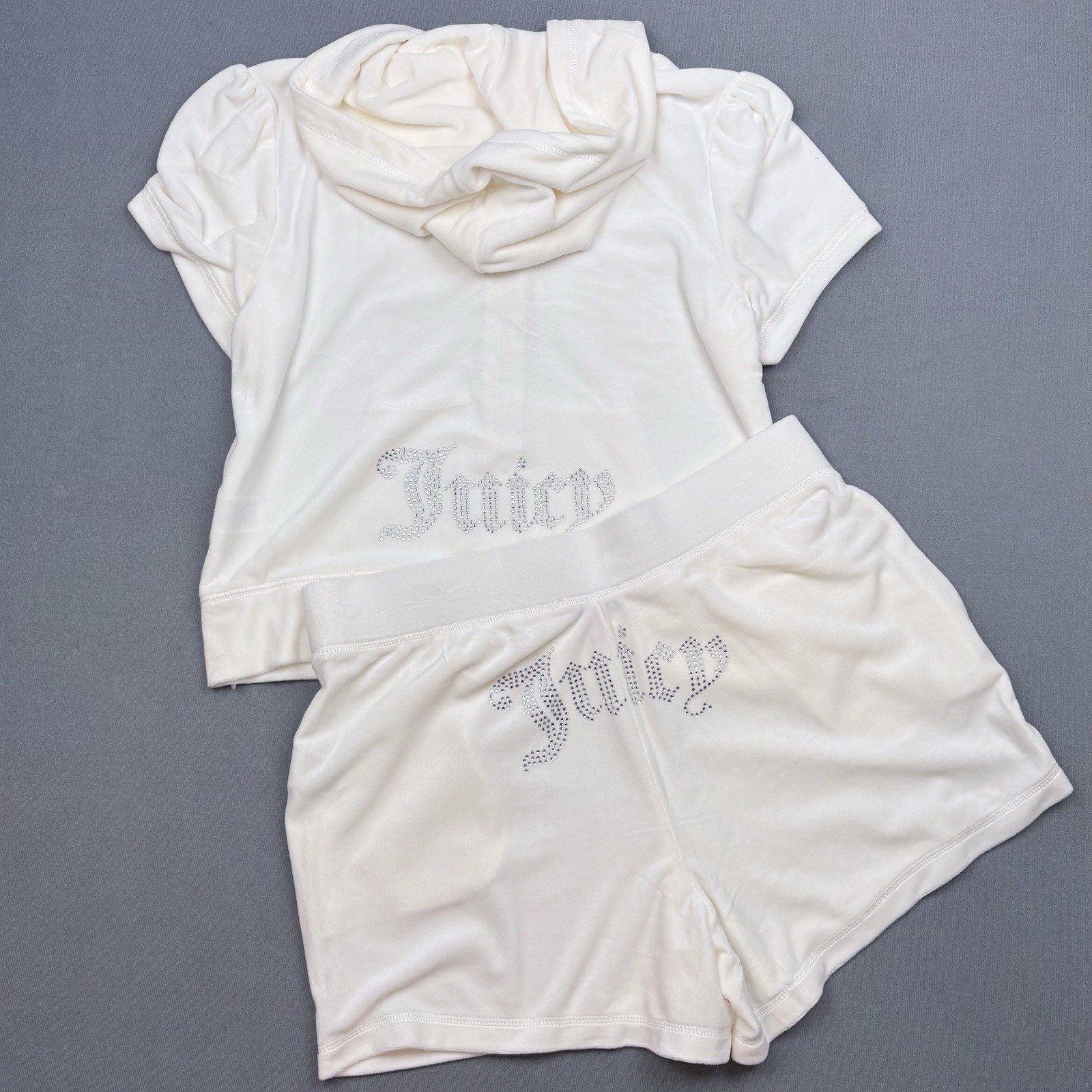Juicy Couture Oyster Velour Short Sleeve Hoodie & Shorts Set Rhinestone