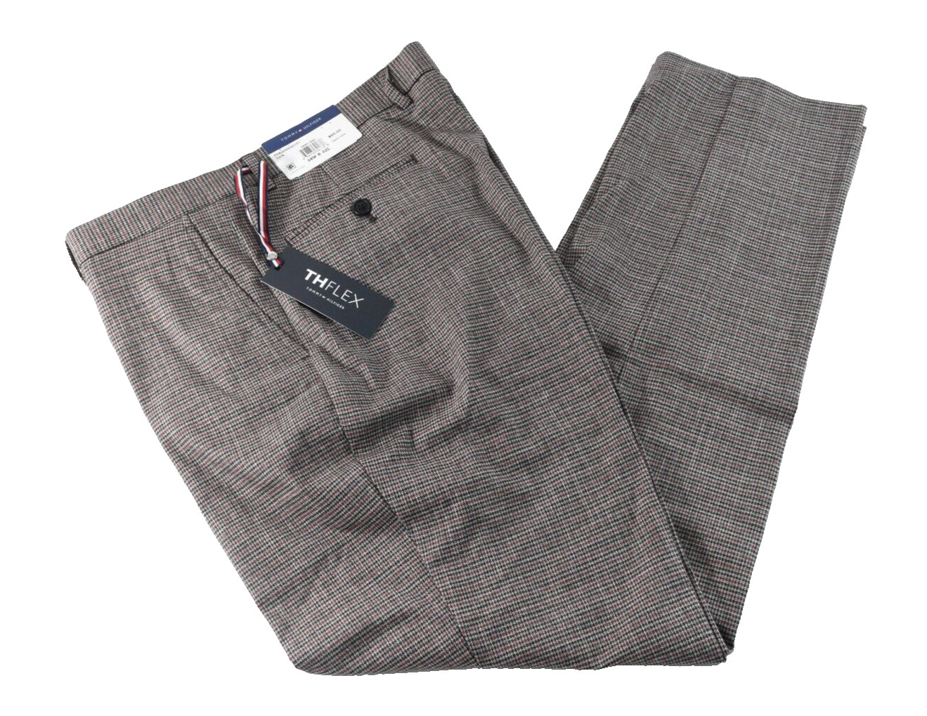 Tommy Hilfiger Mens Dress Pants New 32 x 32 Gray Red Pattern Flat Front THFlex