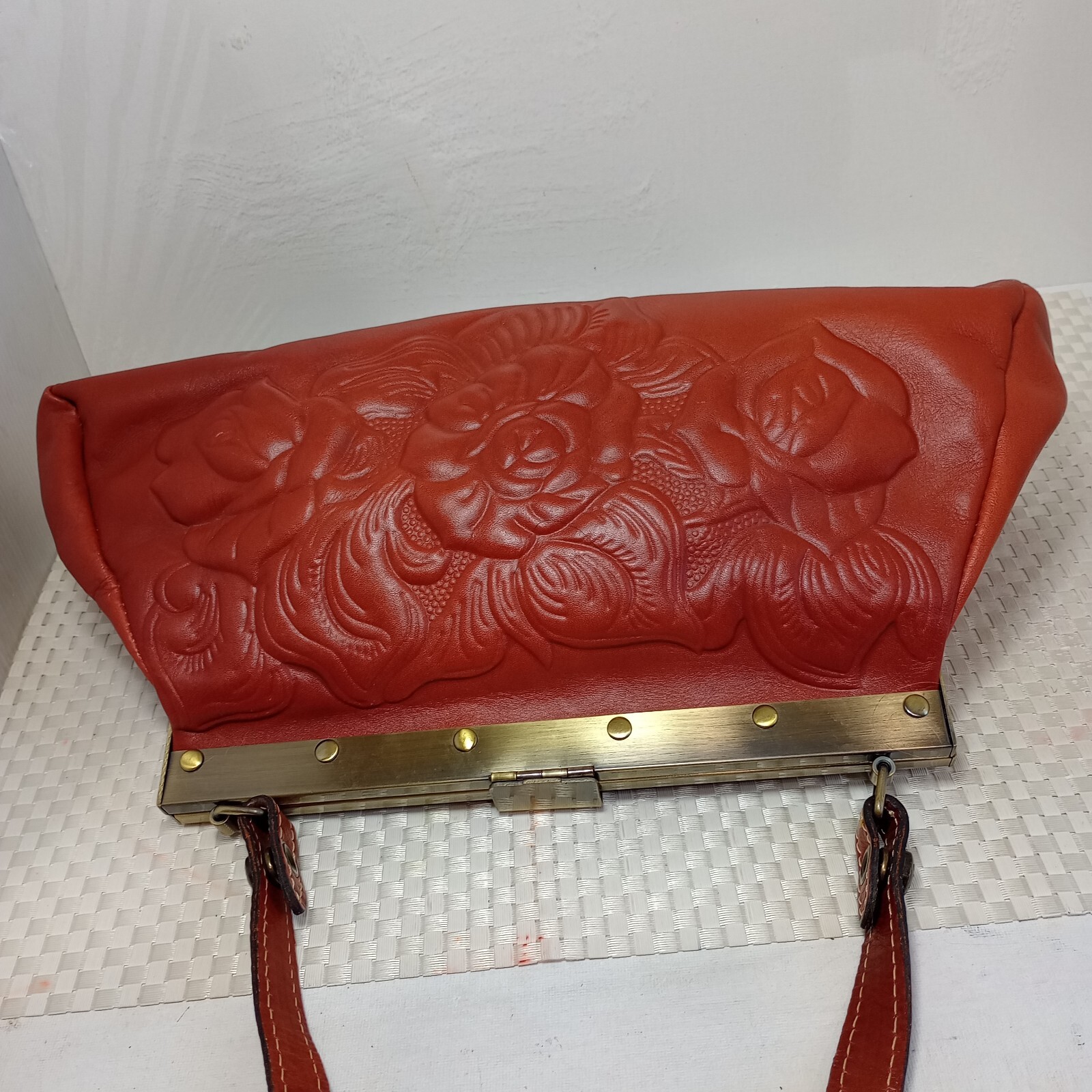 Patricia Nash Floral Embossed Cognac Leather bag Medium Brass Bottom Studs EUC