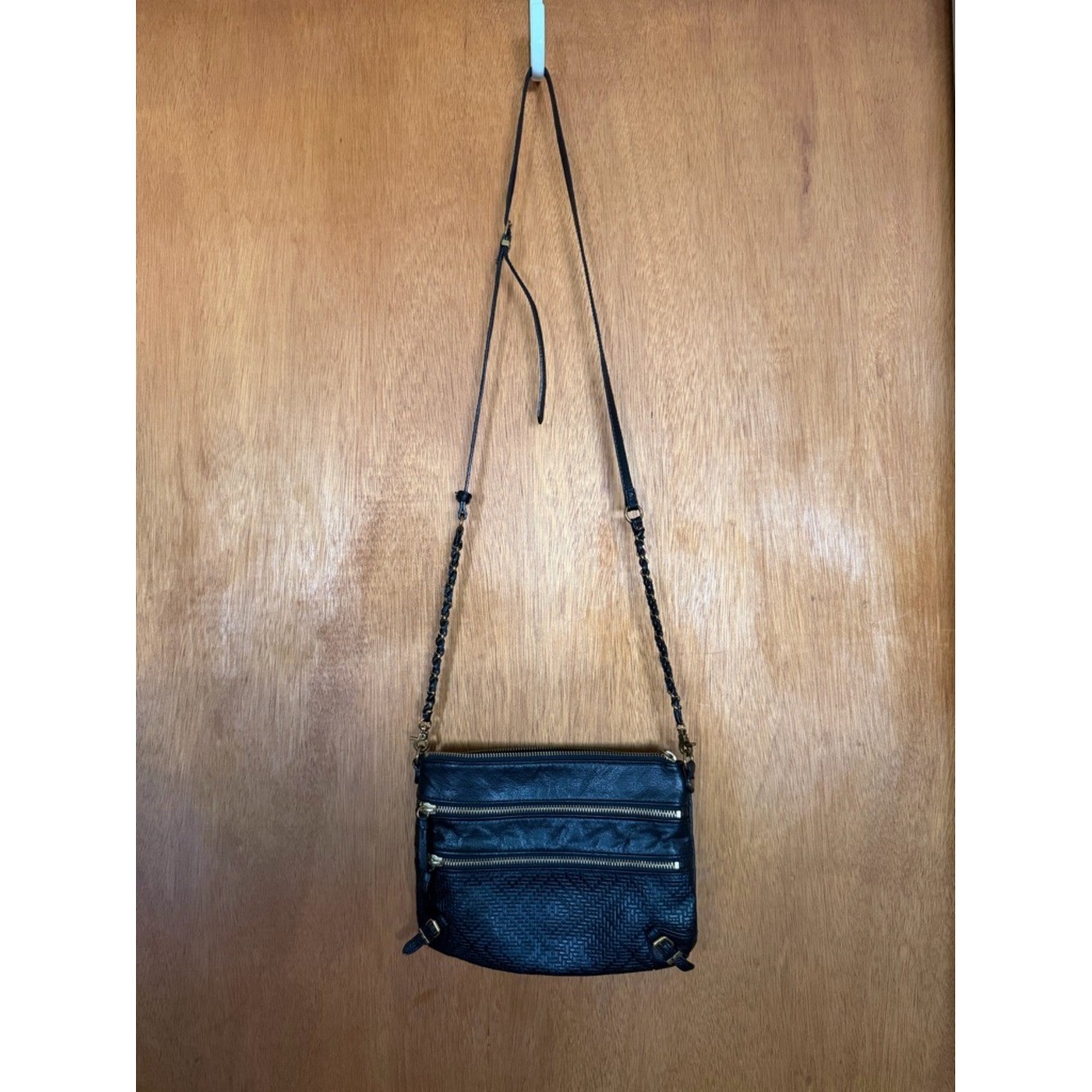 Elliott Lucca Black Leather Crossbody Bag Woven Texture Gold Hardware Multi Zip