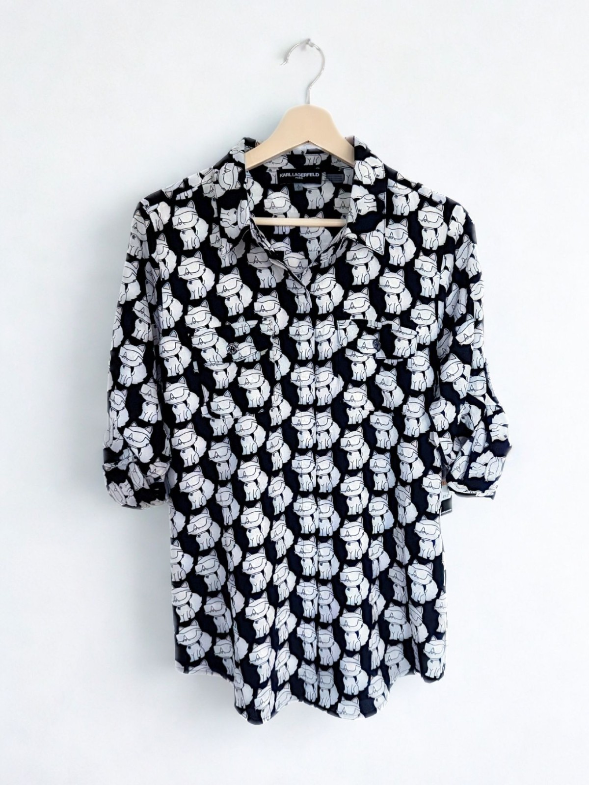 Karl Lagerfeld Paris Choupette Cat Print Button Front Blouse Shirt Black White S
