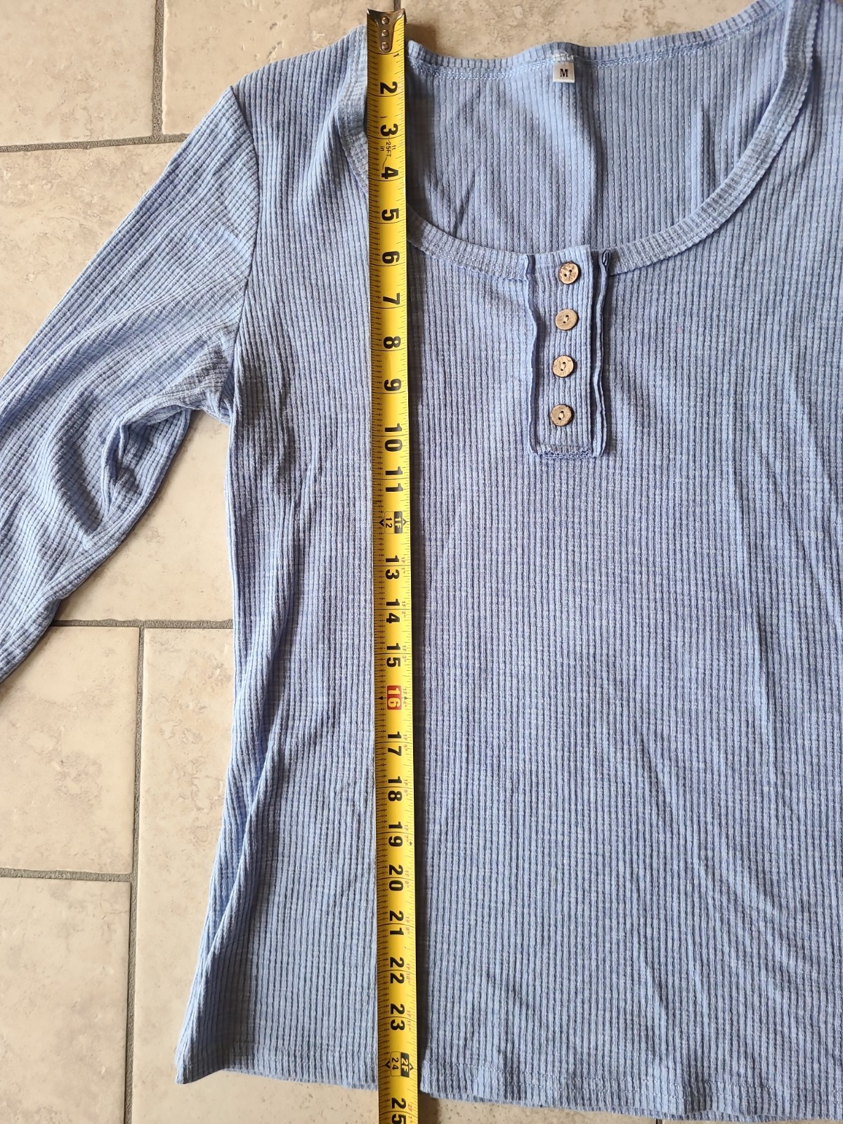 Womens Blue Long Sleeve Top Henley T Shirt Casual Button Ribbed Knit Blouse Sz M
