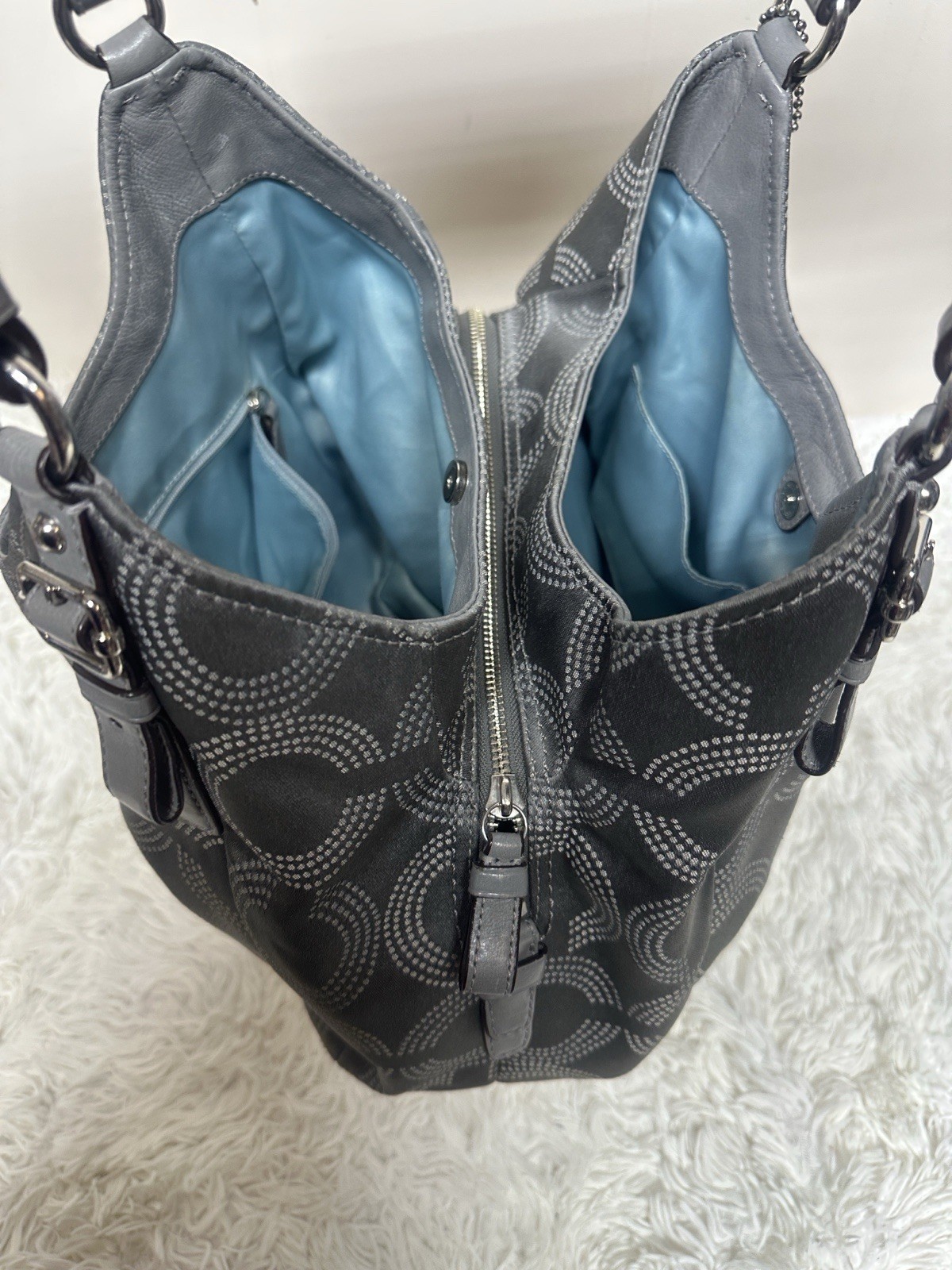 Coach Madison Maggie Dotted Op Art Gray & Silver Sateen Hobo Shoulder Bag