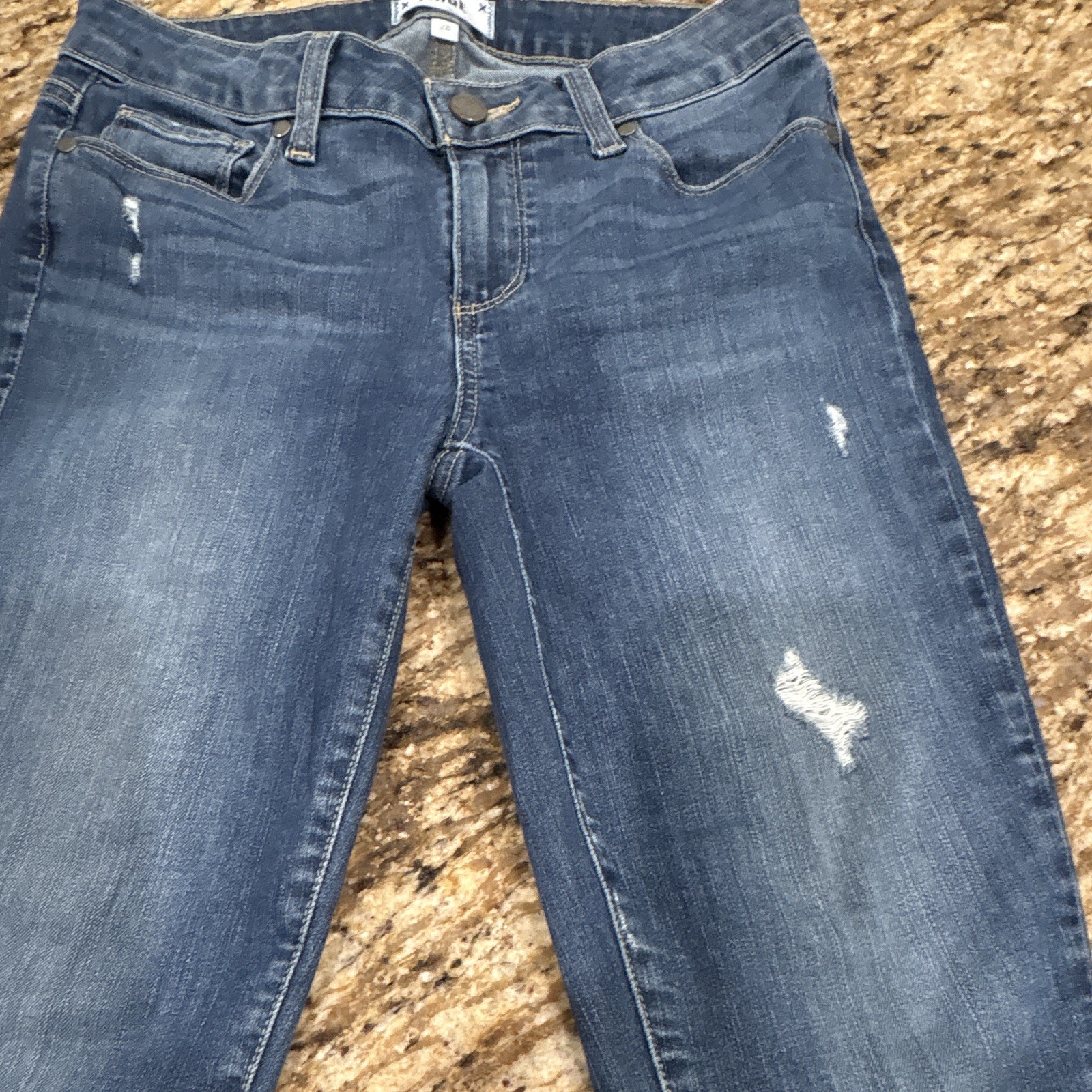 PAIGE Slim Cropped Jeans Medium Wash Distressed Stretch Mid Rise Blue 28 #J9
