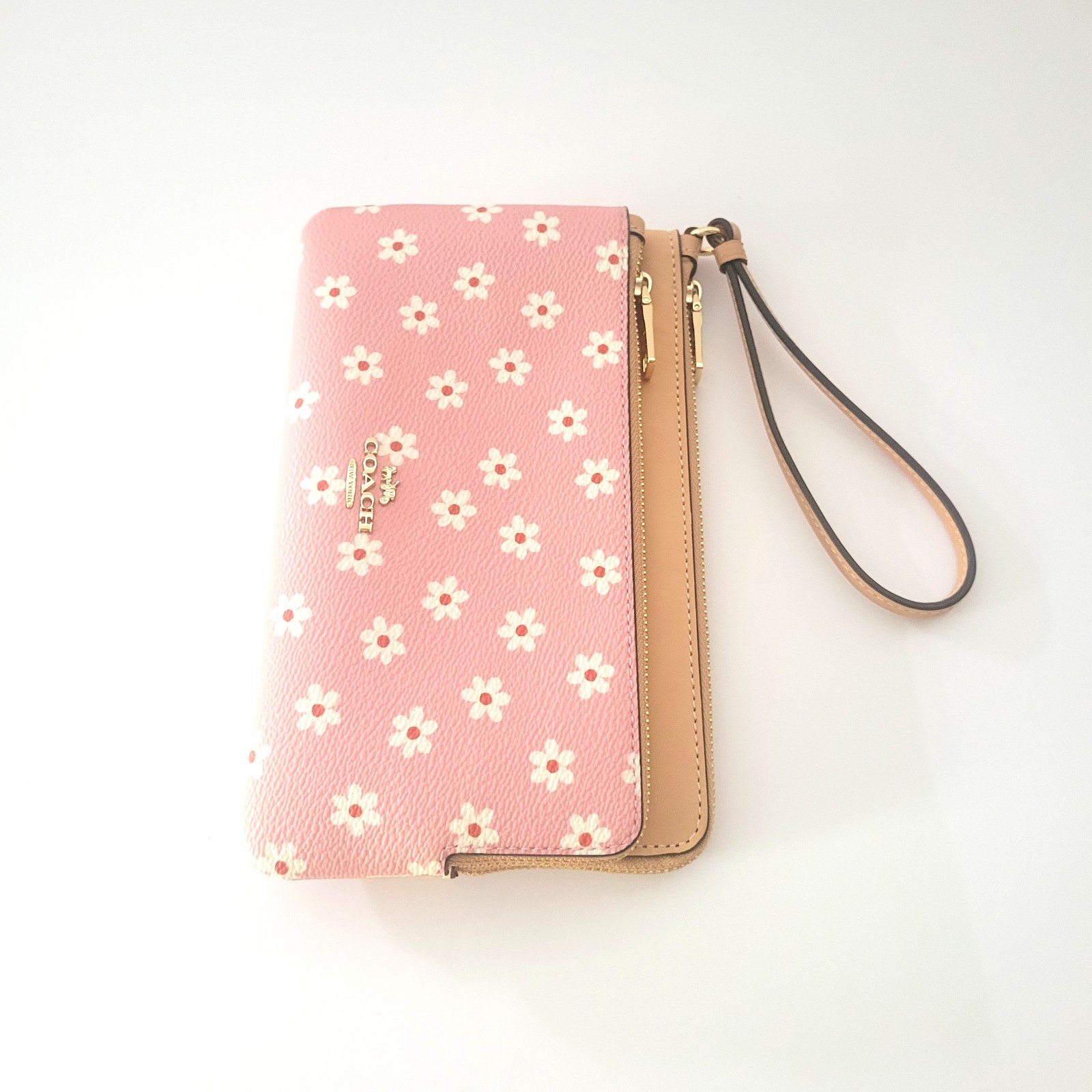 Coach CEY48 Double Zip Wallet Floral Coated Canvas Leather Wristlet Pink Clutch