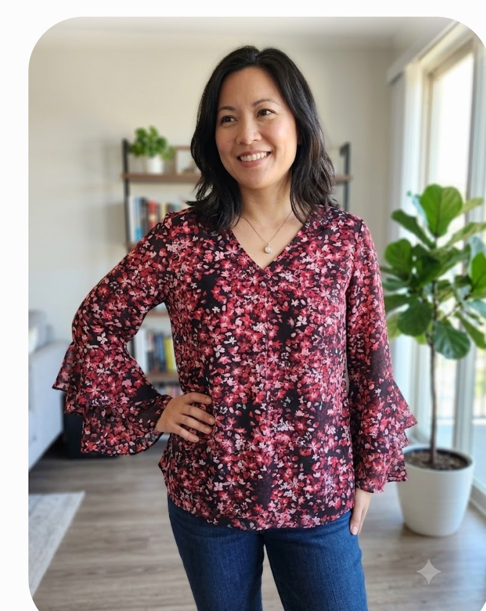 Belle by Kim Gravel Women’s V- Neck Blouse, Red Floral Flowy Size L