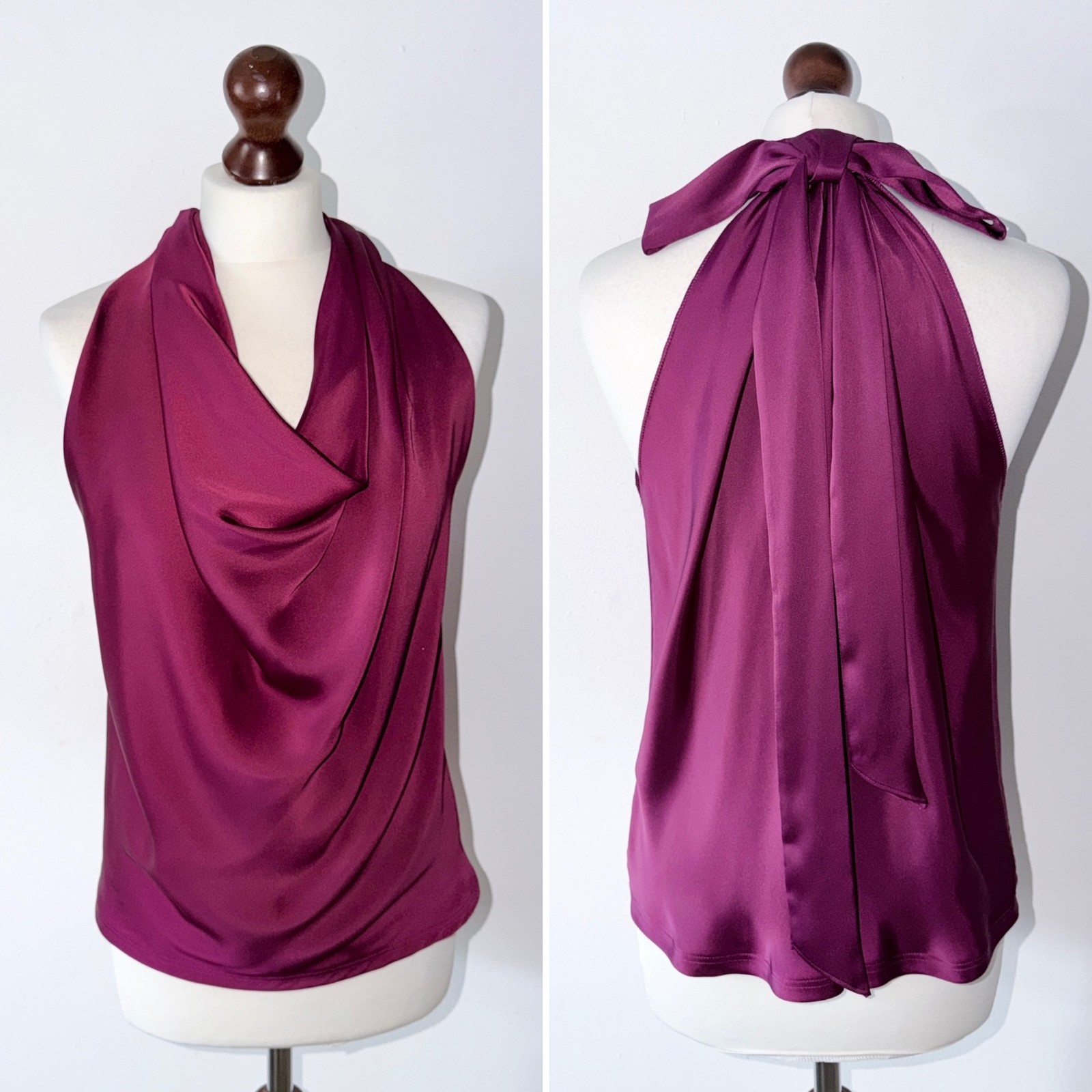 Reiss Laura Bow Detail Satin Sleeveless Cowl Neck Top In Berry Size 14 RRP £115
