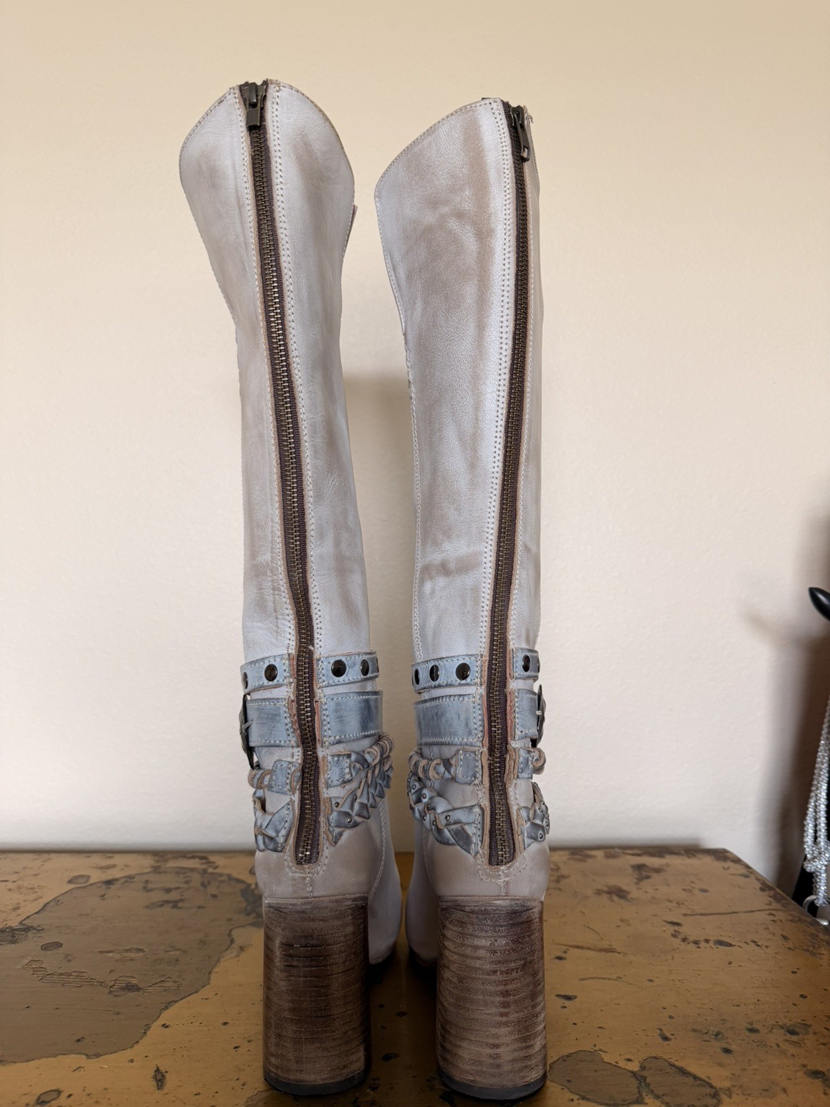 Freebird Juniper Cream Leather Braided Studded Knee High Boots Size 8