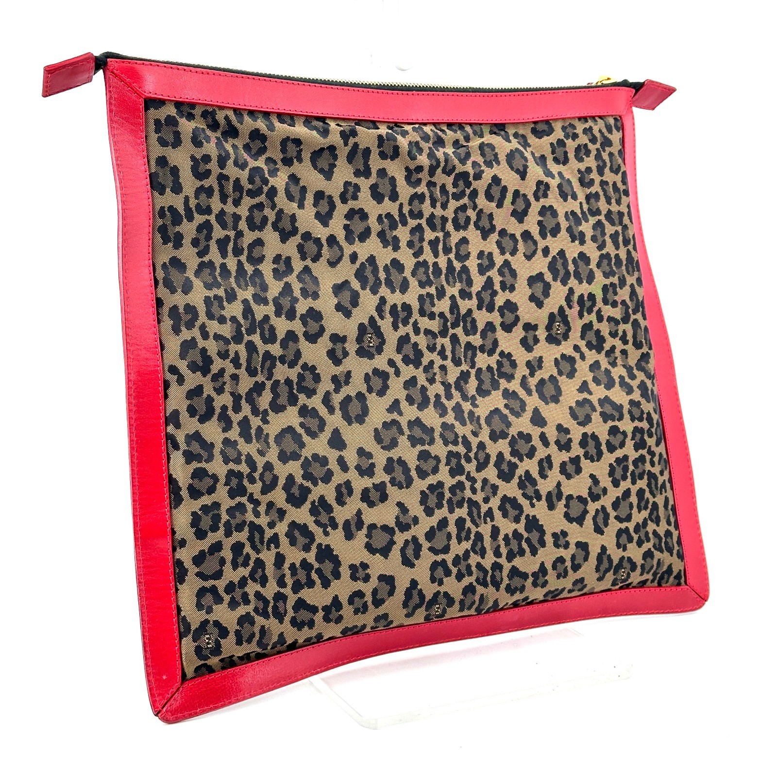 Fendi Clutch Bag Purse Leopard Leather Nylon Authentic 398T0359