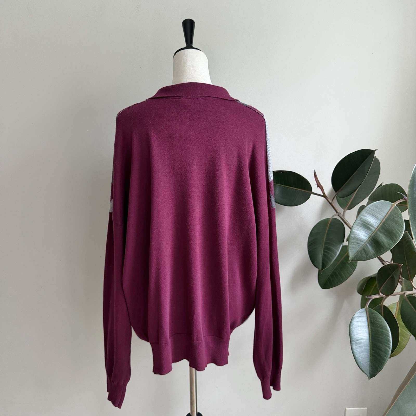 Edikted Argyle Oversized Polo Sweater Burgundy Dark Academia Preppy M