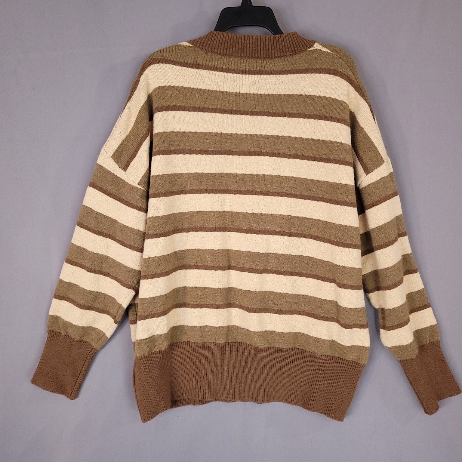 DAZY Men’s Sweater Brown Beige Stripe L Actual Size 2XL V-Neck Acrylic Blend
