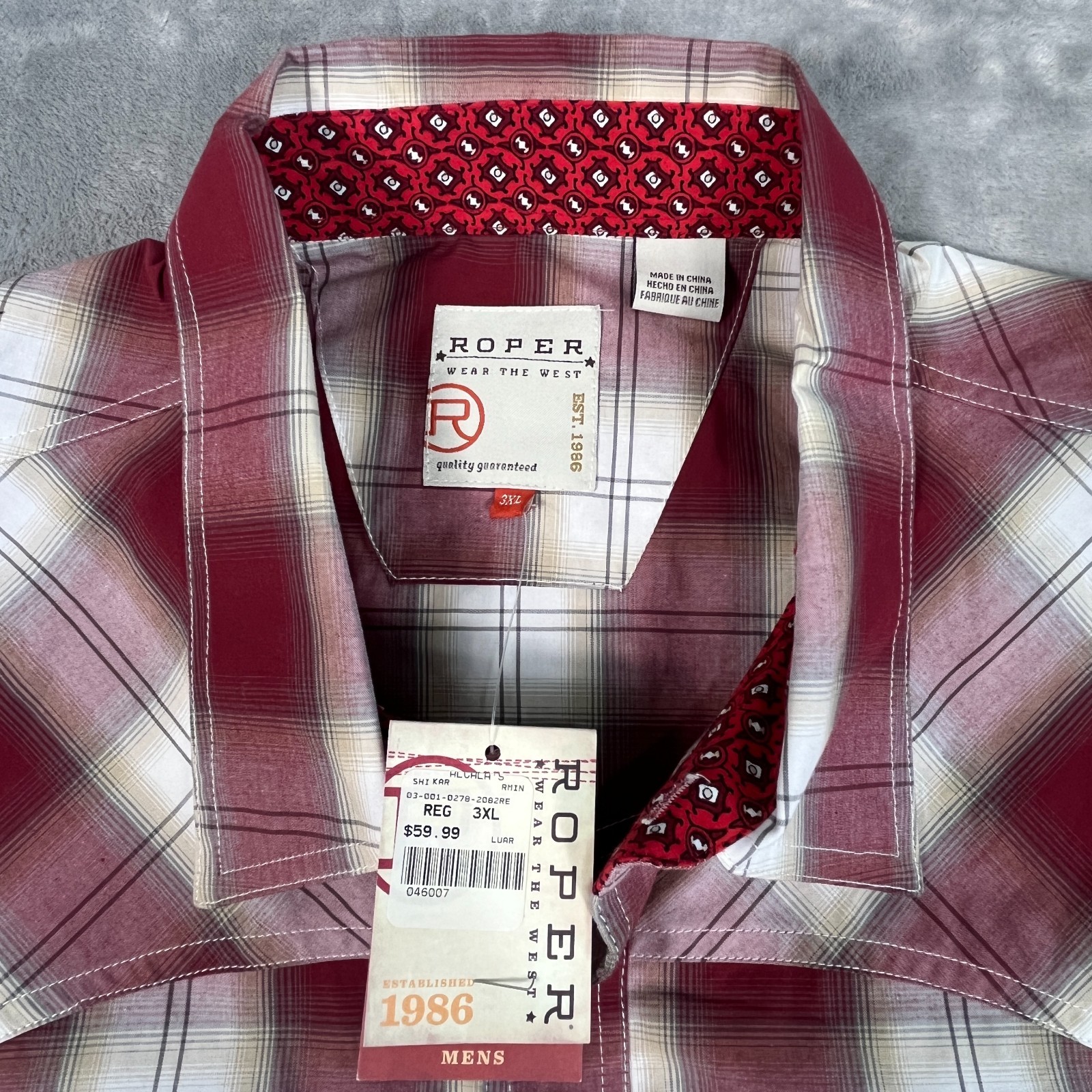 NWT Roper Western Shirt Mens 3XL Burgundy Plaid Pearl Snap S/S Cowboy Rodeo