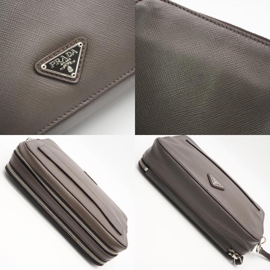 PRADA 2VF052 Clutch Saffiano Leather Greige Mens Zipper Pockets Card Slots