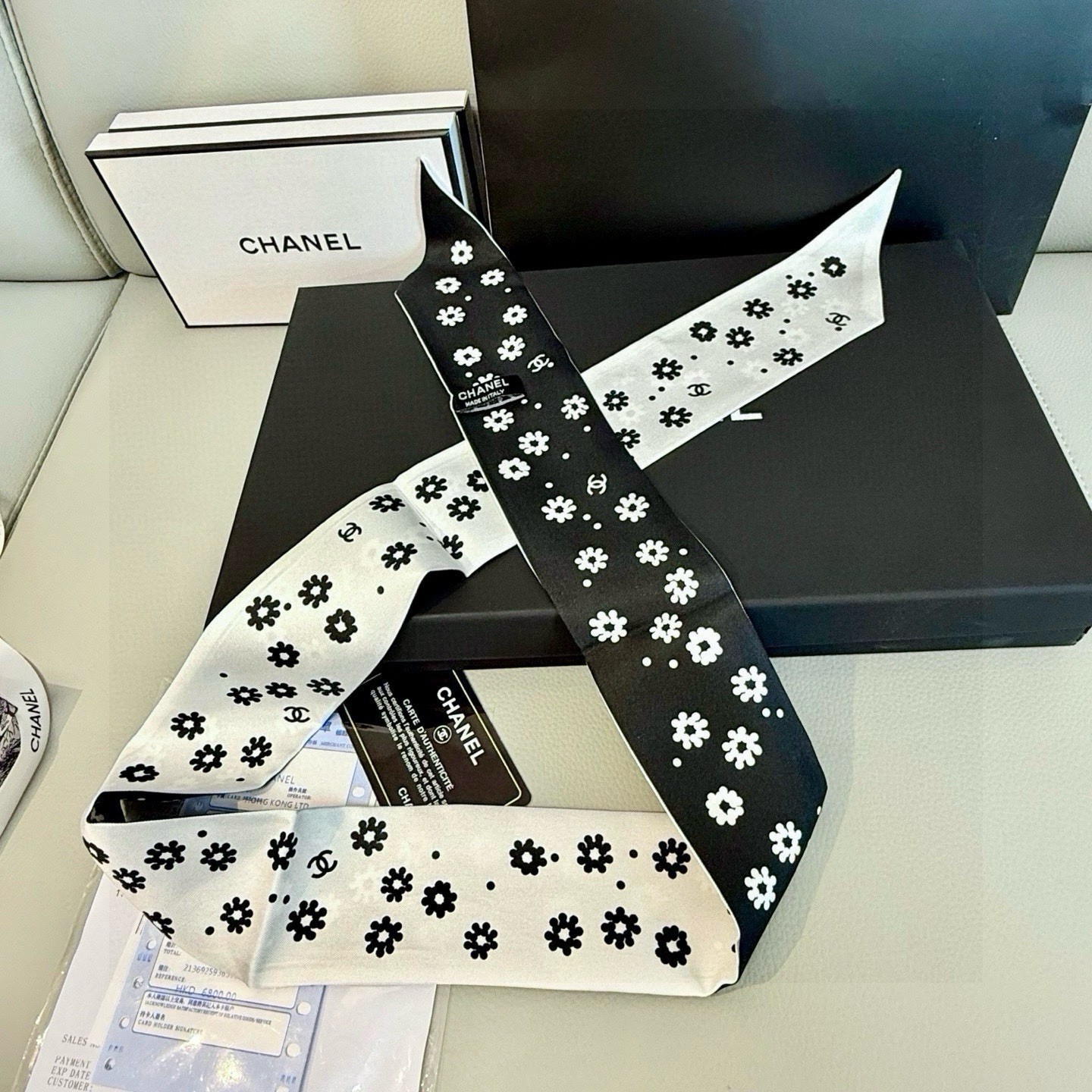 CHANEL Silk Bow Ribbon Hair Accessory, Black/White Floral Flower Print, Logo