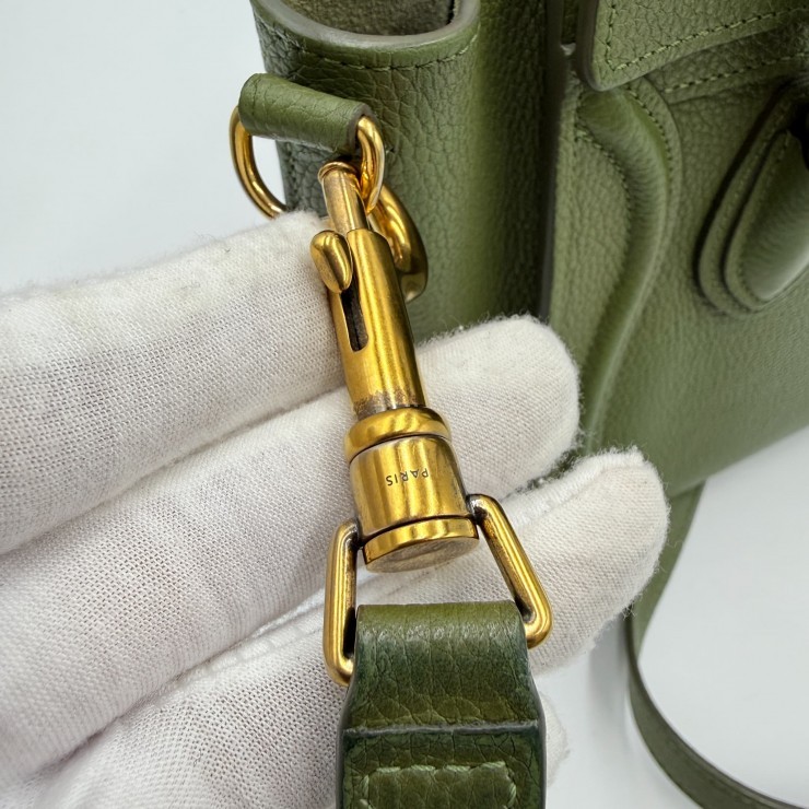 CELINE Luggage Nano Shopper Hand Bag Green Leather Gold Tone
