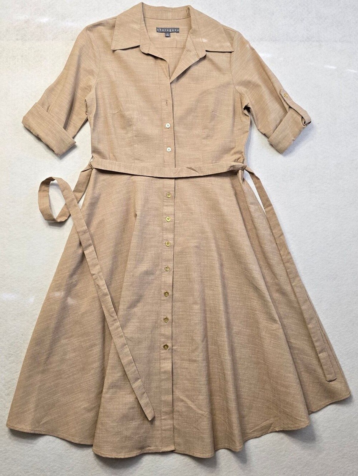 Beige/Tan Button-Front Shirt Dress with Belt