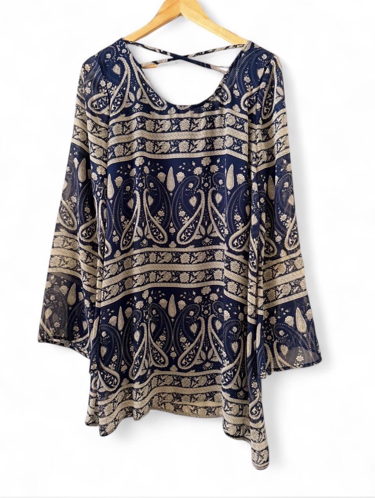 Blu Pepper Blue Beige Paisley Chiffon Bell Sleeve Scoop Neck Tunic Dress L
