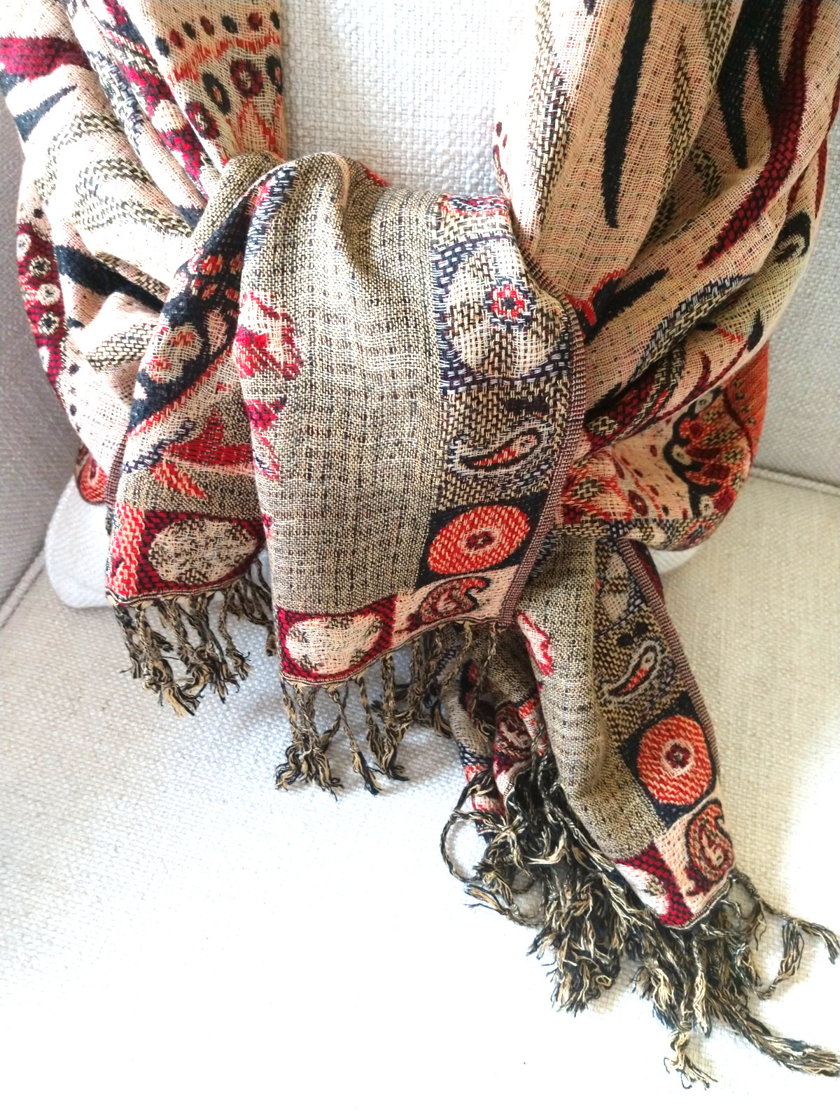 Pashmina Scarf Wrap Shawl Woven Tan Black Orange Paisley Fringe 27 x 68 inches